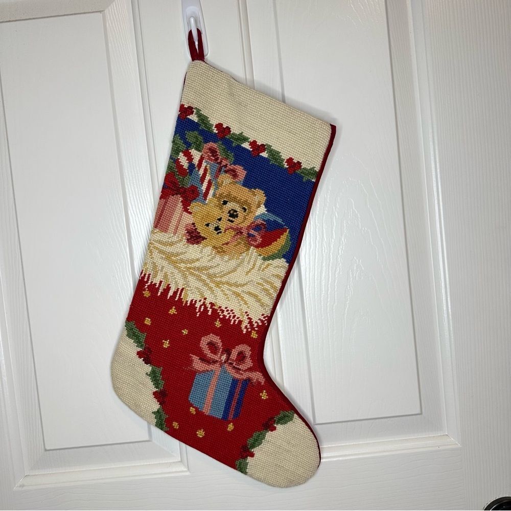 Vintage Teddy Bear Candy Cane Needlepoint Stocking Christmas Holiday Coquette